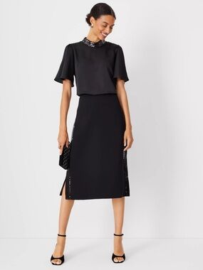 Ann Taylor Black Sequined Paneled Side Slit Midi Skirt Black 8